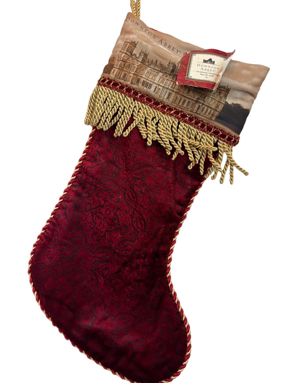 Downton Abbey Red Velvet Damask Christmas Stocking Gold Fringe Kurt Adler NWT